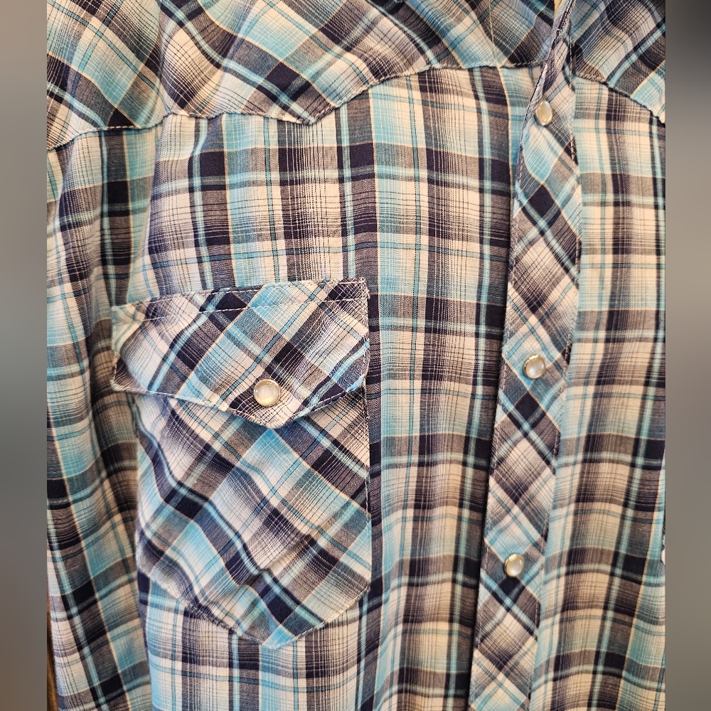 Wrangler Wrancher Pearl Snap Men XL Shirt Short Sleeve Aqua Blue Plaid Western - Picture 6 of 6